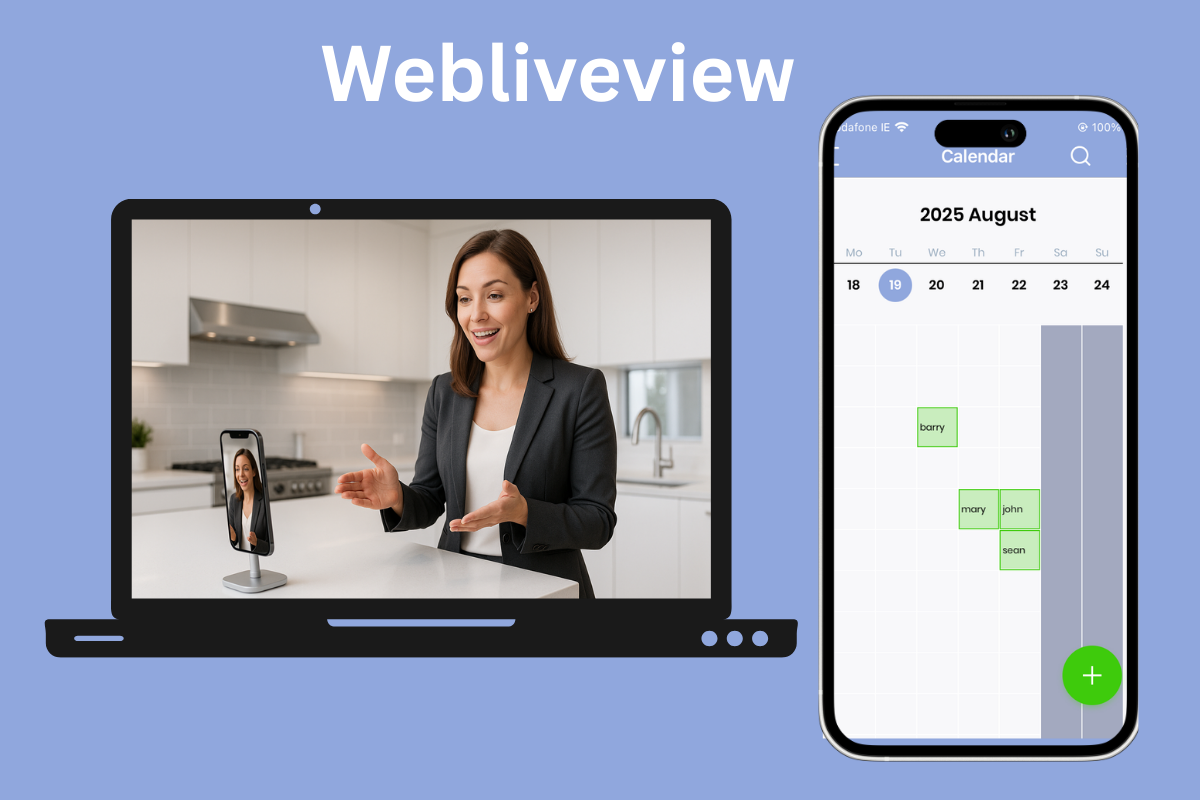 WebLiveView software interface showing live video demo and calendar booking